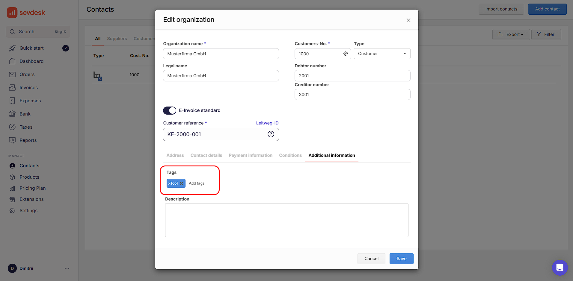 Tab „Zusätzliche Informationen“ mit Tag