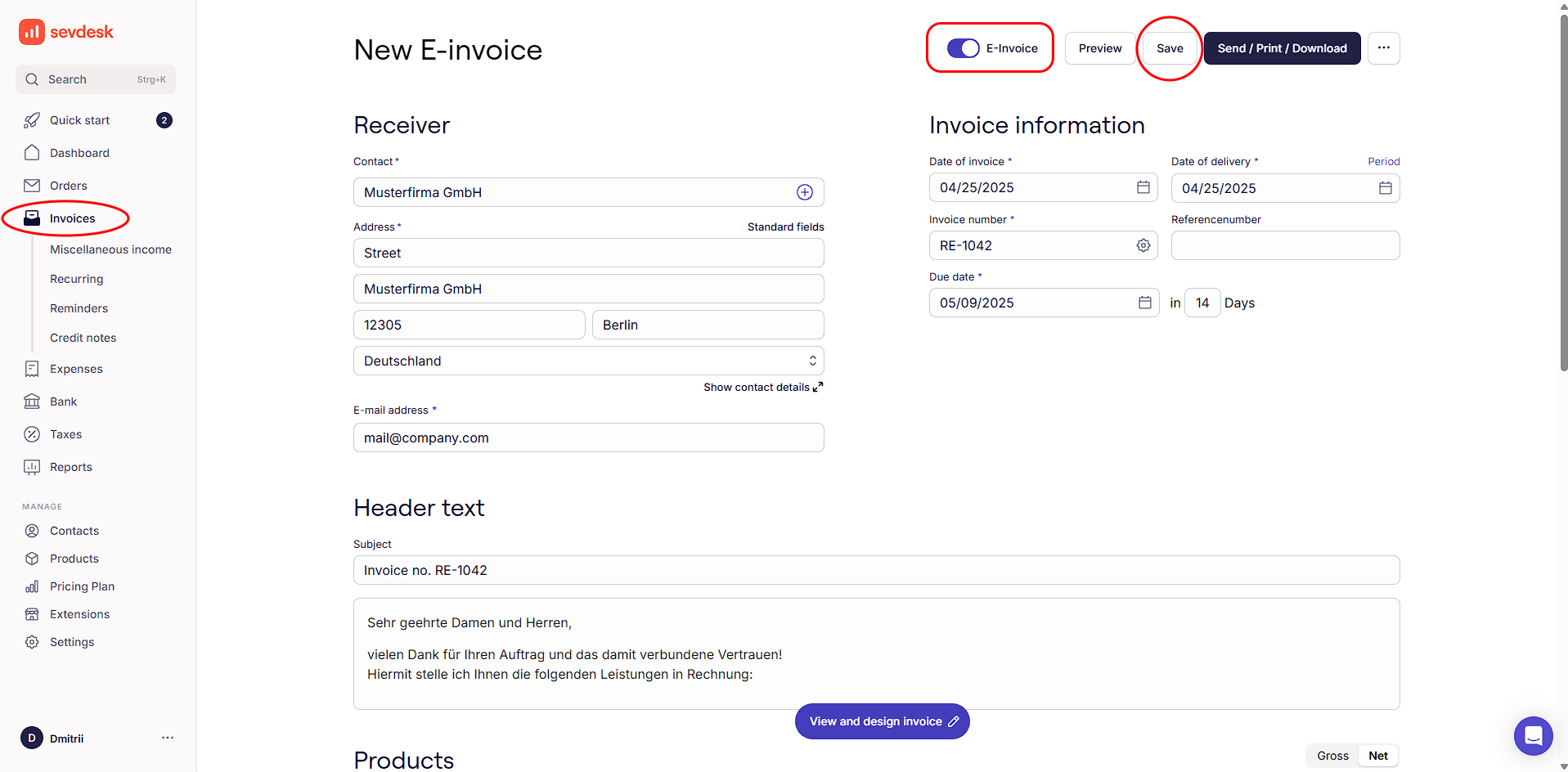 Creating an e-invoice in SevDesk