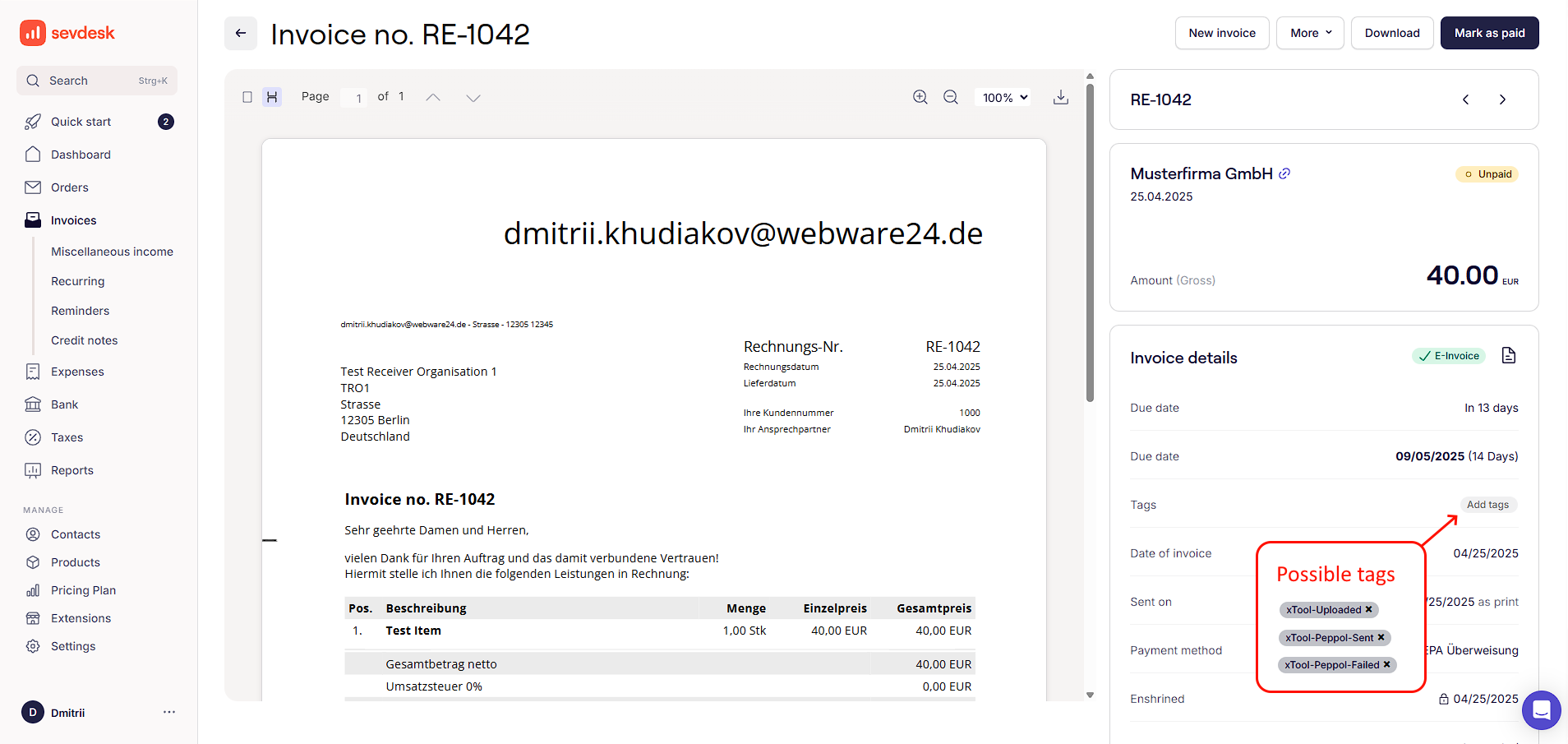Invoice detail page showing Peppol tags